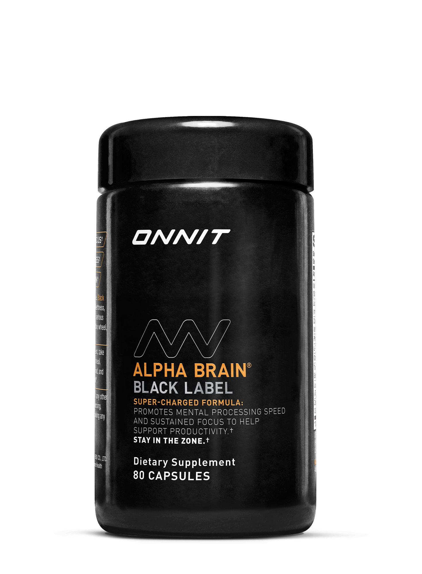 Black cylindrical bottle of Alpha BRAIN Black Label dietary supplement containing 80 capsules.