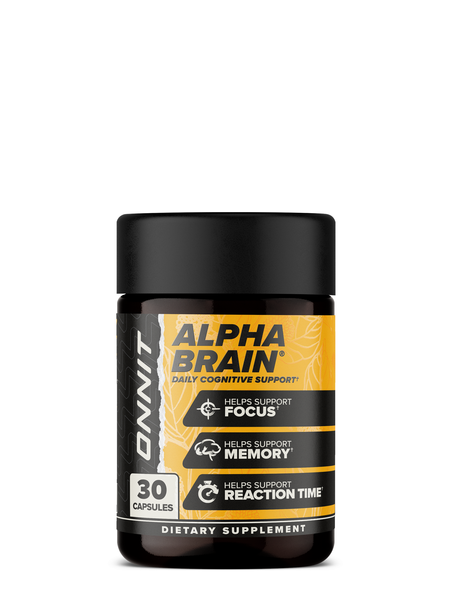 Black jar with yellow and black label showing Alpha BRAIN branding, 30 capsules, dietary supplement.