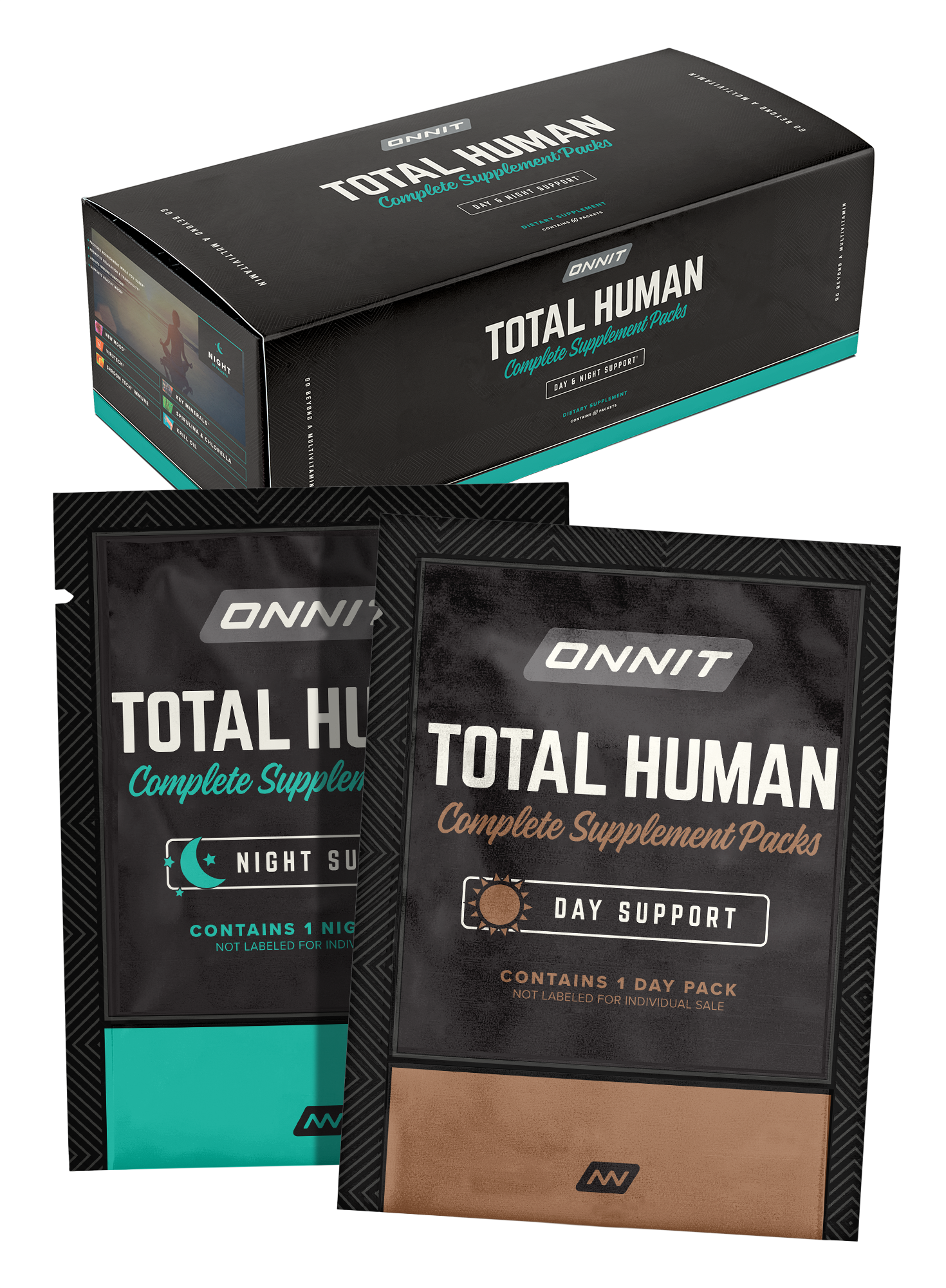 Black box containing Total Human supplement packets labeled day support and night support with turquoise and brown accents.