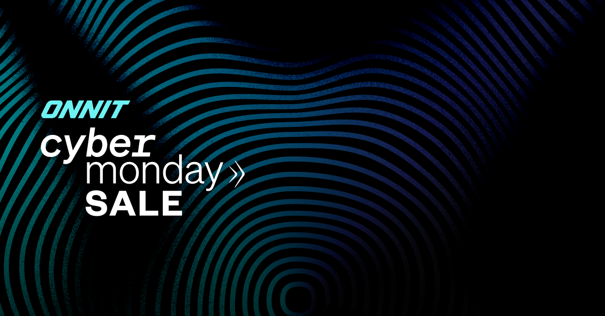 ONNIT Cyber Monday sale banner with wavy blue lines on a black background