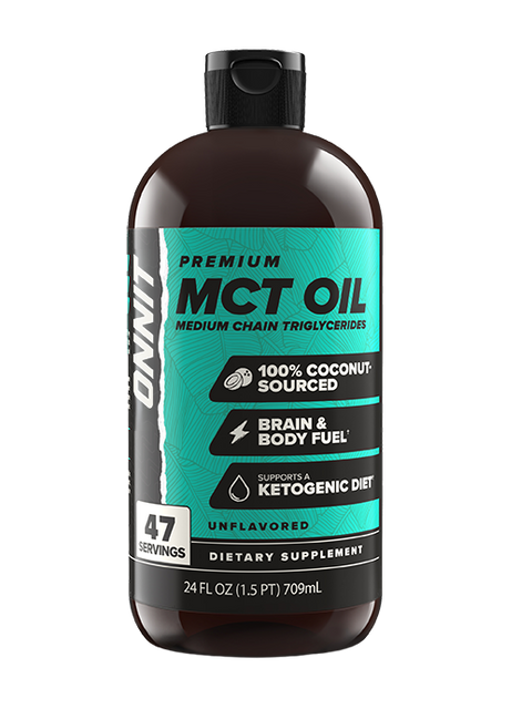 Bottle of MCT oil with a green label on a white background