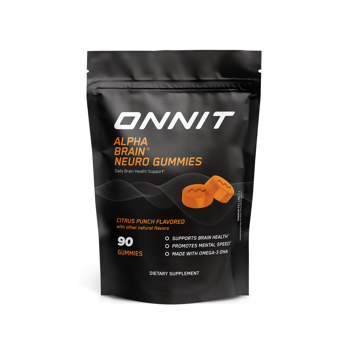 Black pouch of Alpha BRAIN Neuro Gummies with orange gummies visible and product details on packaging.