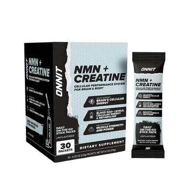 Onnit NMN + Creatine cellular performance system with 30 unflavored stick packs and individual stick pack.