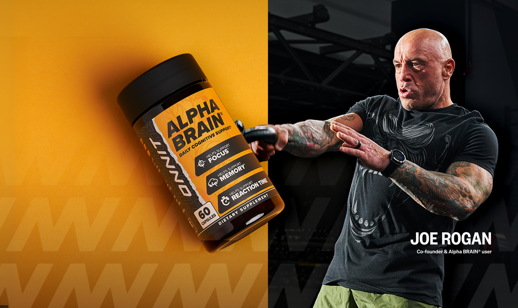 Alpha Brain 60ct with Joe Rogan in a black shirt on a yellow and black background