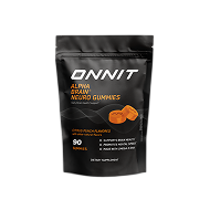 Black ONNIT Alpha BRAIN Neuro Gummies pouch with orange gummy candies pictured on the front