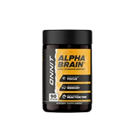 Alpha Brain dietary supplement bottle, black container with yellow label, 90 capsules