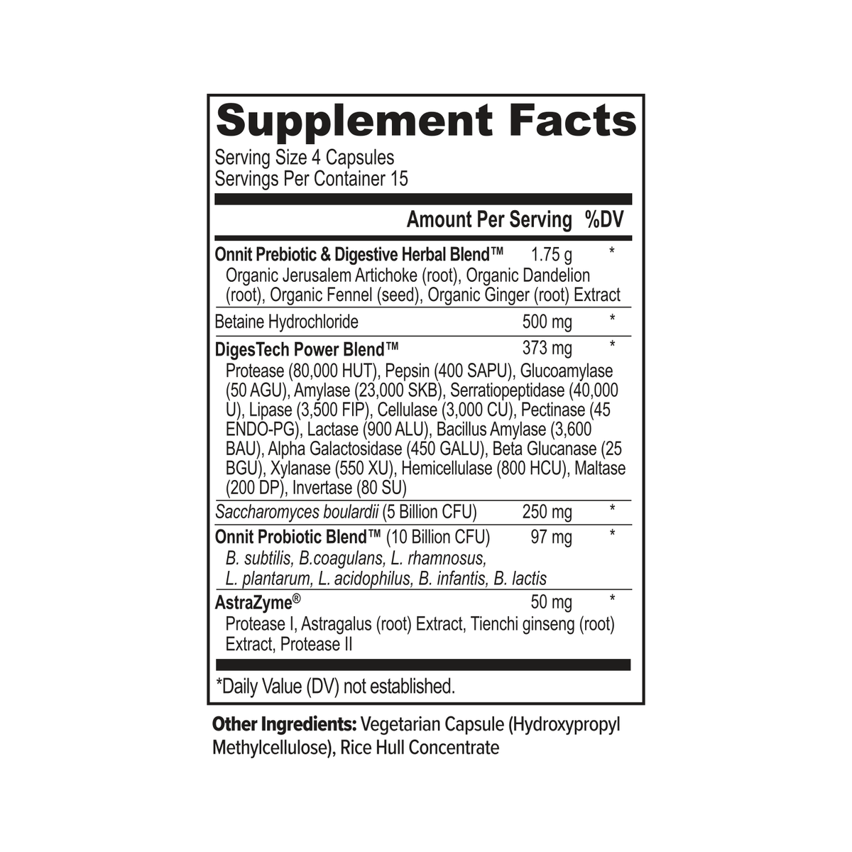 A Supplement Facts label lists a serving size of four capsules, fifteen servings, and digestive enzyme, probiotic, and herbal blend ingredients.