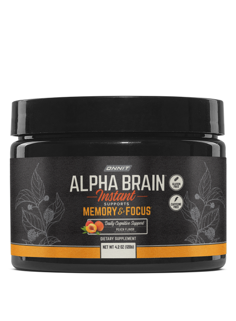 Black tub with black lid labeled "Alpha Brain Instant" peach flavor, 4.2 oz net weight, dietary supplement for memory and foc