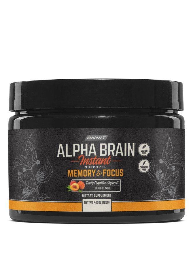 Black tub with black lid labeled "Alpha Brain Instant" peach flavor, 4.2 oz net weight, dietary supplement for memory and foc