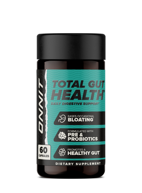 Black bottle with turquoise label containing 60 capsules of Total Gut Health dietary supplement.