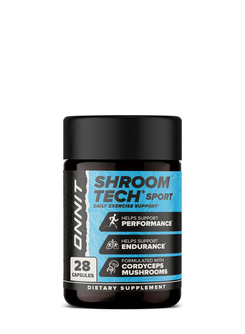 Black bottle of Shroom Tech Sport dietary supplement containing 28 capsules with blue and black label.