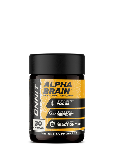 Black jar with yellow and black label showing Alpha BRAIN branding, 30 capsules, dietary supplement.