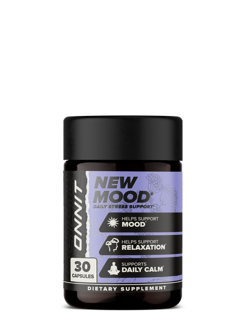 New MOOD Daily Stress Support dietary supplement bottle containing 30 capsules with black cap and purple label.