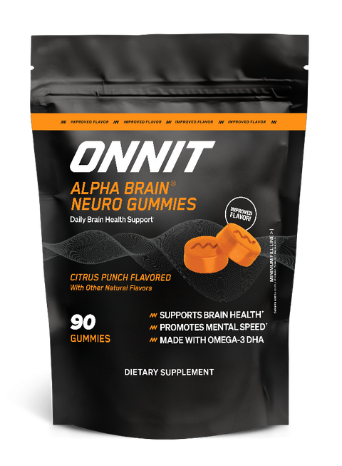 Black pouch of Onnit Alpha Brain Neuro Gummies with orange gummies visible and citrus punch flavor label.