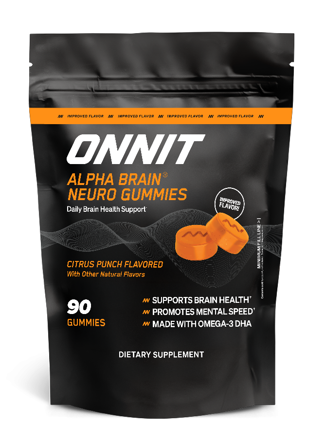 Black pouch of Onnit Alpha Brain Neuro Gummies with orange gummies visible and citrus punch flavor label.