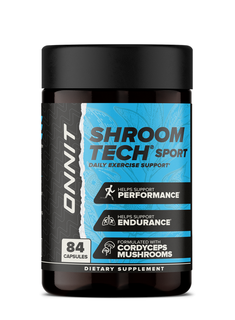 Dark brown bottle of Shroom Tech Sport dietary supplement with blue and black label, 84 capsules.