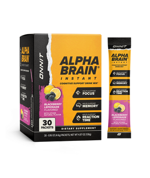 Alpha Brain Instant Blackberry Lemonade powder box with 30 packets and single serving packet displayed.