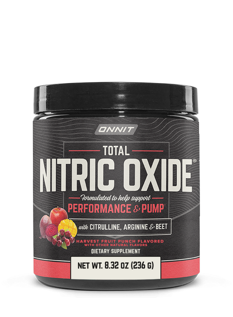 Black tub of Total Nitric Oxide powder with harvest fruit punch label, black lid, and red stripe at bottom showing net weight