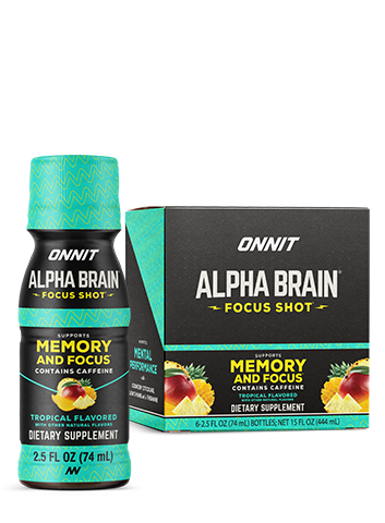 Single bottle and box of Alpha BRAIN Focus Shot tropical flavored dietary supplement, 2.5 fl oz bottle with turquoise and bla