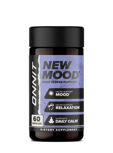 Black bottle with purple label containing 60 capsules of New MOOD dietary supplement.