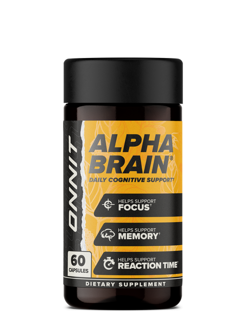 Black and amber bottle of Alpha Brain dietary supplement containing 60 capsules with black cap.