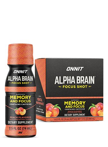 Six-pack of Alpha Brain Focus Shot peach-flavored dietary supplement bottles with black and orange packaging.